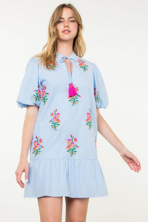 Puff Sleeve Embroidered Stripe Dress - Light Blue