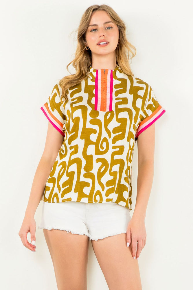 Short Sleeve Print Top - Mustard