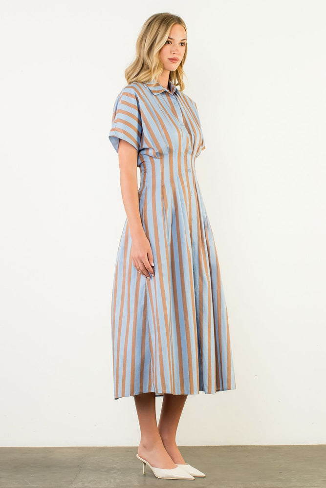 Striped Button Up Maxi Dress - Blue