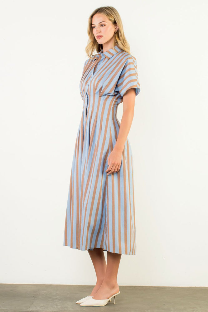 Striped Button Up Maxi Dress - Blue