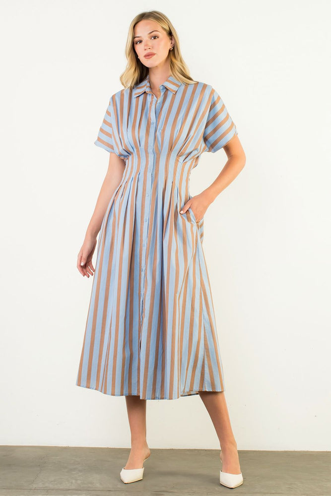 Striped Button Up Maxi Dress - Blue