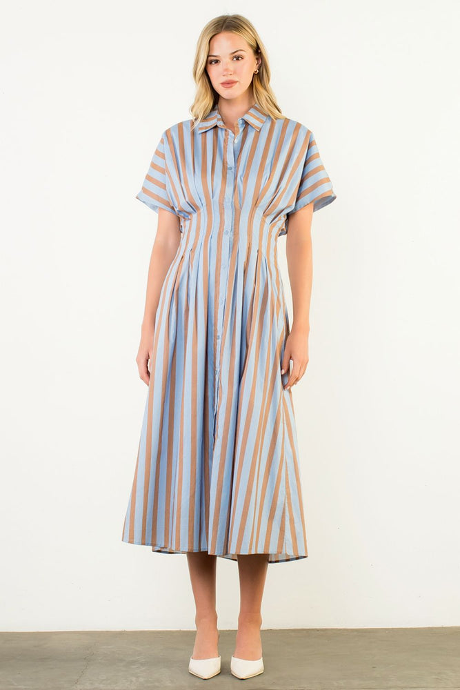 Striped Button Up Maxi Dress - Blue