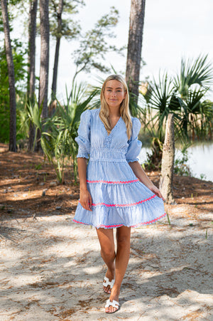 Blue & White Stripe V-Neck Smocked Waist Dress