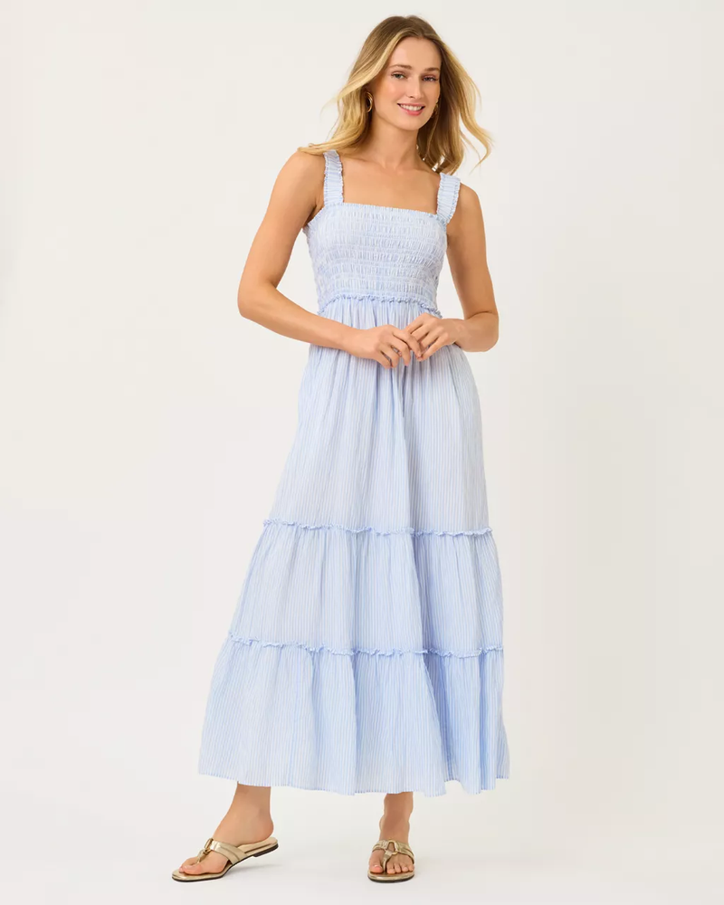 Hadly Smocked Maxi Dress- Jacaranda Blue LTWT Oxford Stripe