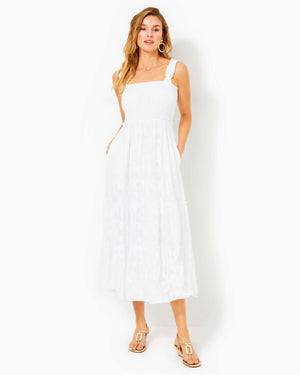 
            
                Load image into Gallery viewer, Hadly Smocked Maxi Dress - Resort White - Poly Crepe Swirl Clip
            
        