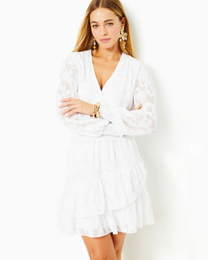 
            
                Load image into Gallery viewer, Cristiana Long Sleeve Dress - Resort White - Poly Crepe Swirl Clip
            
        