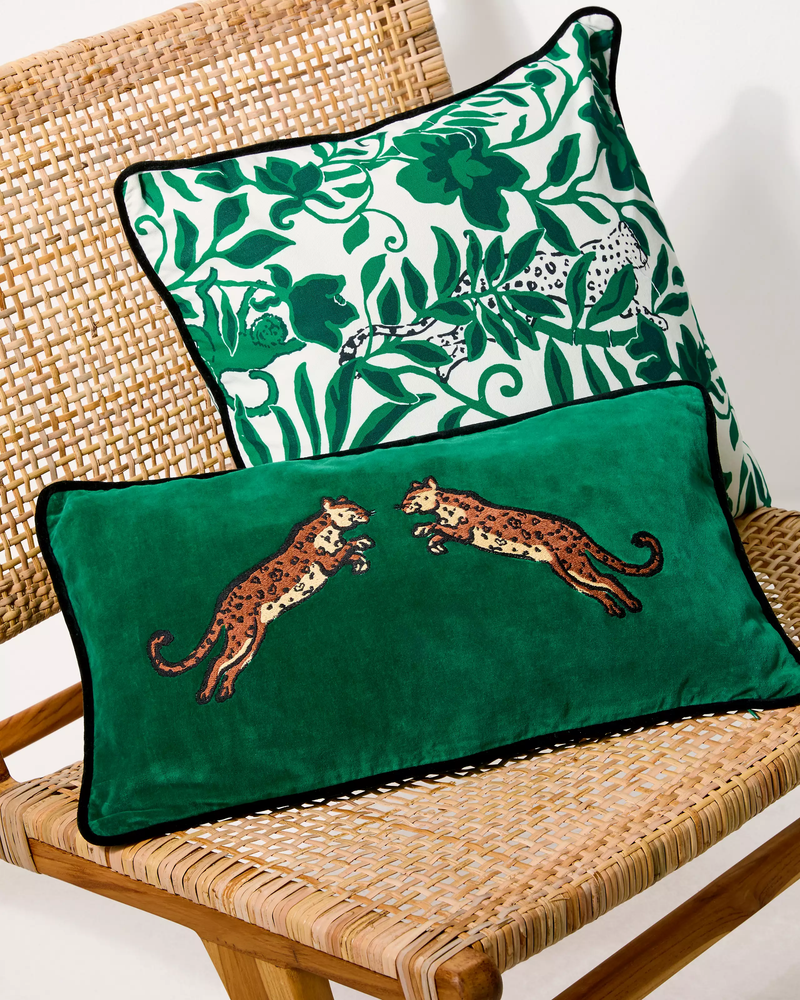 Lumbar Embroidered Velvet Pillow Case - Fiddle Leaf Green - Leopard Pillow