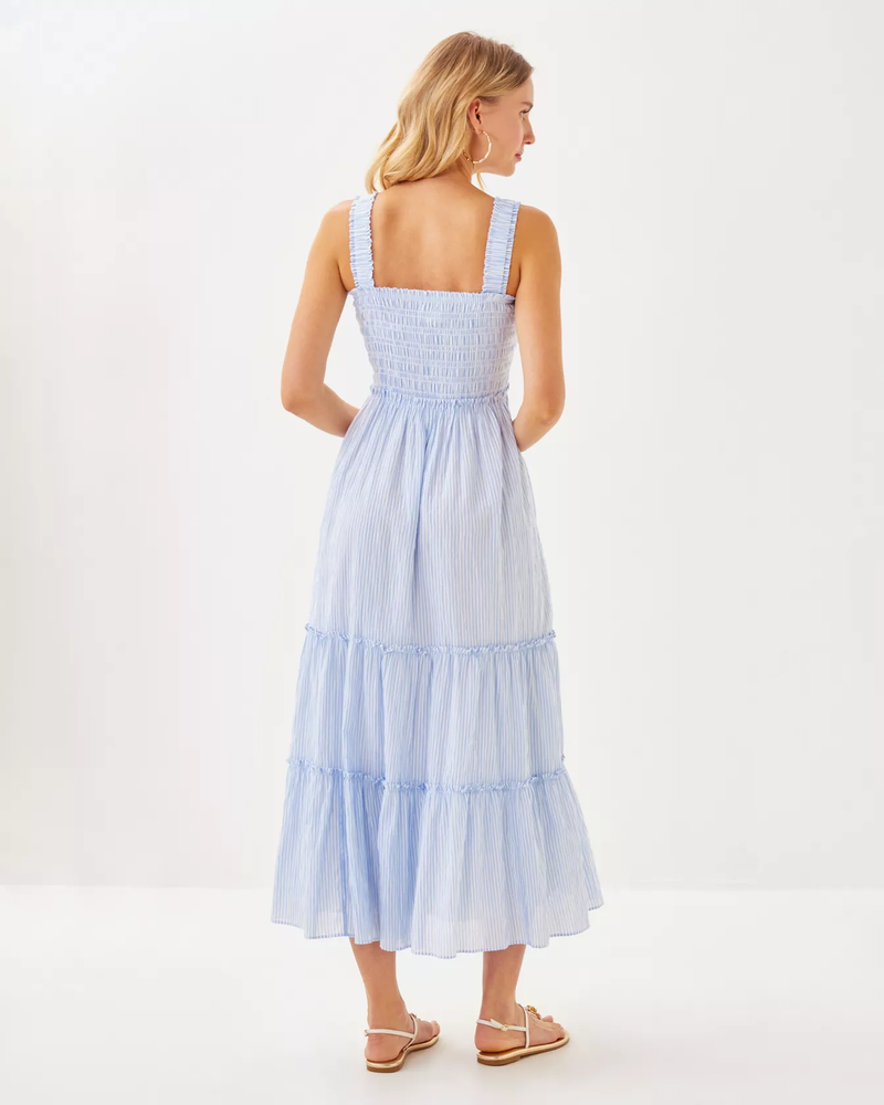 Hadly Smocked Maxi Dress- Jacaranda Blue LTWT Oxford Stripe