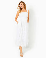 Hadly Smocked Maxi Dress - Resort White - Poly Crepe Swirl Clip