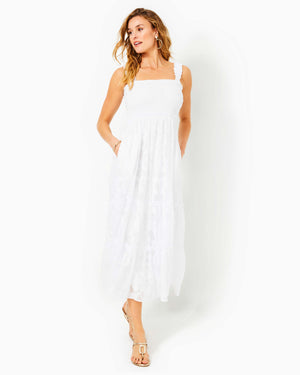 
            
                Load image into Gallery viewer, Hadly Smocked Maxi Dress - Resort White - Poly Crepe Swirl Clip
            
        
