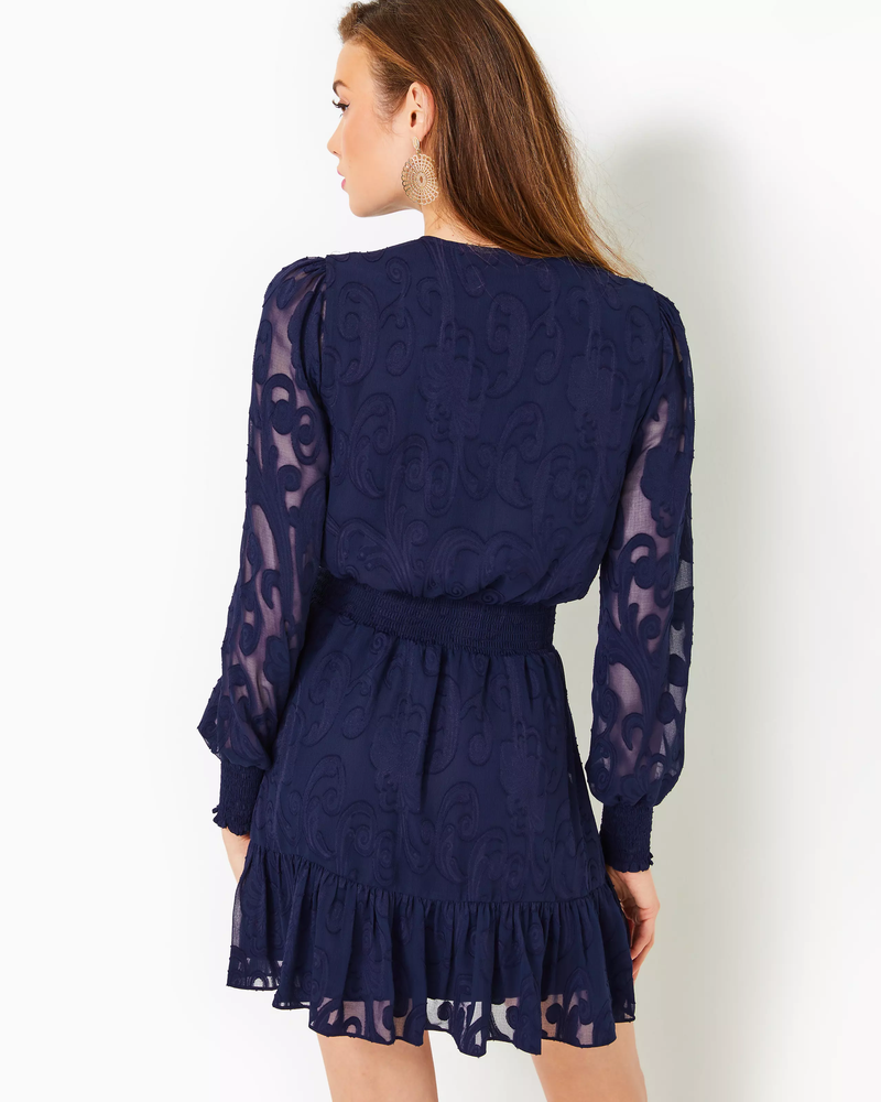 
            
                Load image into Gallery viewer, Cristiana Long Sleeve Dress - True Navy - Poly Crepe Swirl Clip
            
        