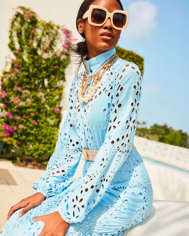 Zia Eyelet Midi Shirtdress - Hydra Blue Soiree Eyelet