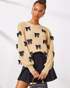 Zarie Sweater - Heathered Wicker Tan Party Bows