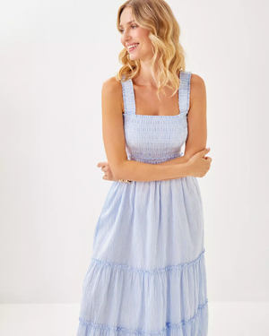 Hadly Smocked Maxi Dress- Jacaranda Blue LTWT Oxford Stripe