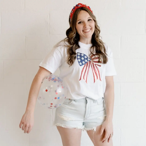Patriotic Sequin Bow Patch Adult SS T-Shirt White