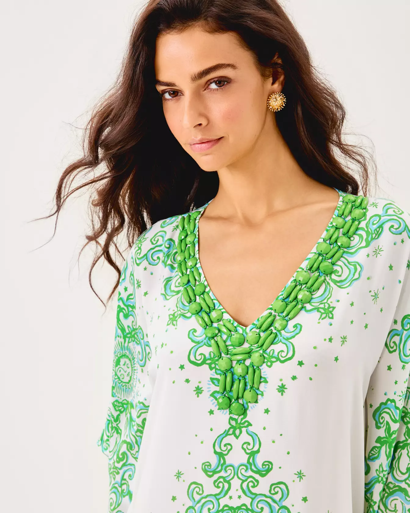 Marilla Silk Maxi Caftan- Resort White Sol Mates Engineered Woven Dress