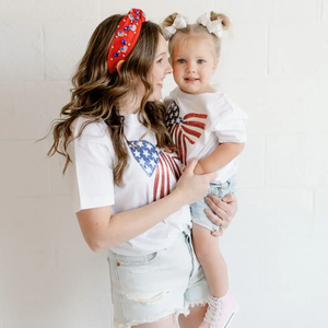 Patriotic Sequin Bow Patch Adult SS T-Shirt White