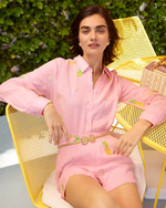 Sea View Linen Button Down Top - Conch Shell Pink Happy Hour Embroidery