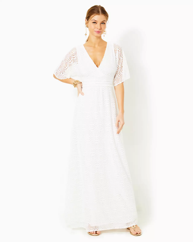 
            
                Load image into Gallery viewer, Parigi Lace Maxi Dress - Resort White - Scalloped Shell Lace
            
        