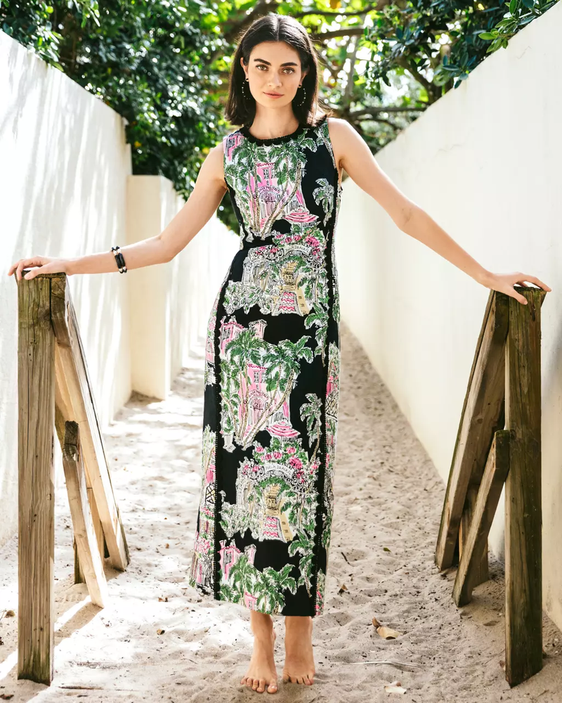 Darlene Stretch Maxi Shift Dress - Onyx Oversized PB Anniversary Toile