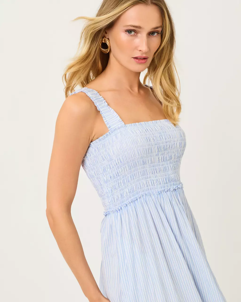 Hadly Smocked Maxi Dress- Jacaranda Blue LTWT Oxford Stripe
