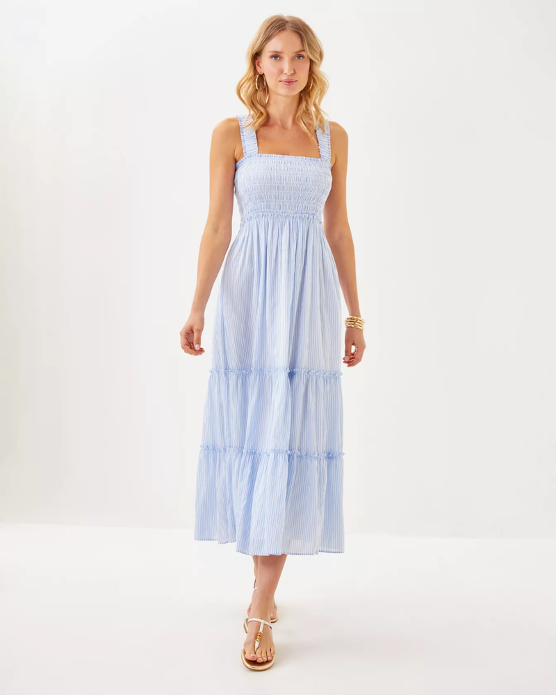 Hadly Smocked Maxi Dress- Jacaranda Blue LTWT Oxford Stripe