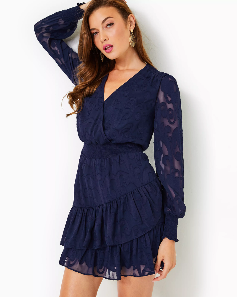 
            
                Load image into Gallery viewer, Cristiana Long Sleeve Dress - True Navy - Poly Crepe Swirl Clip
            
        