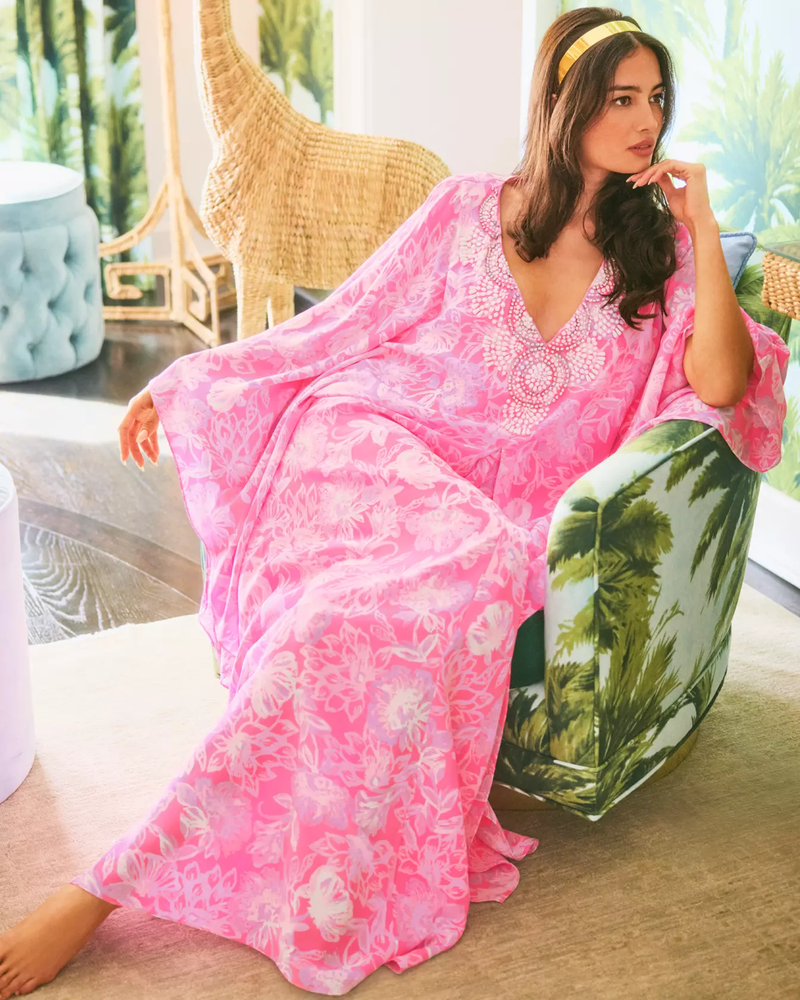 Mindy Beaded Silk Maxi Caftan - Rousseau Pink Zen Garden