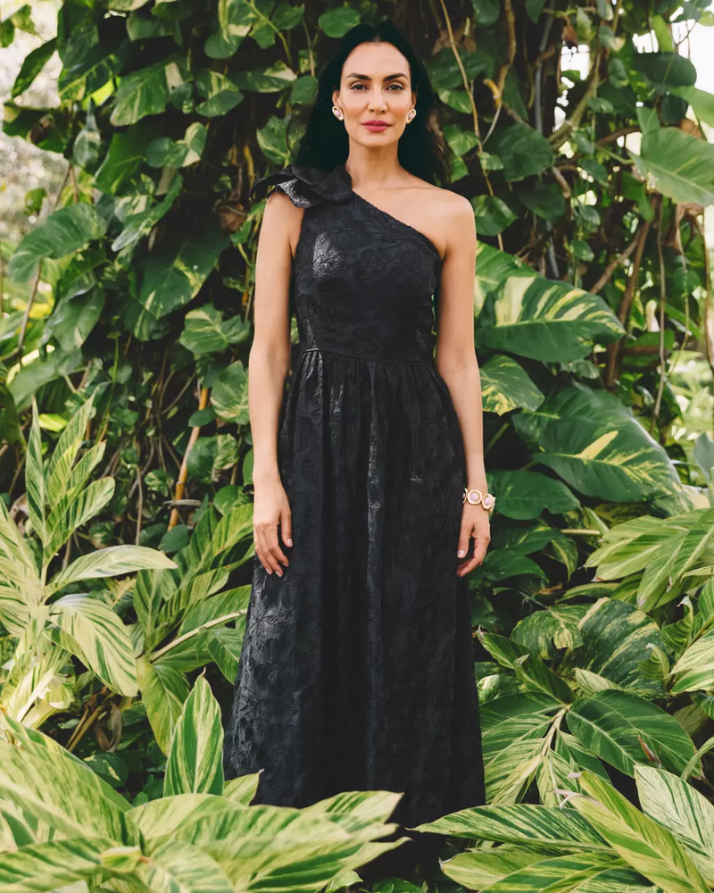Lynsi One-Shoulder Midi Dress - Noir Sunset Bloom Embroidered Organza