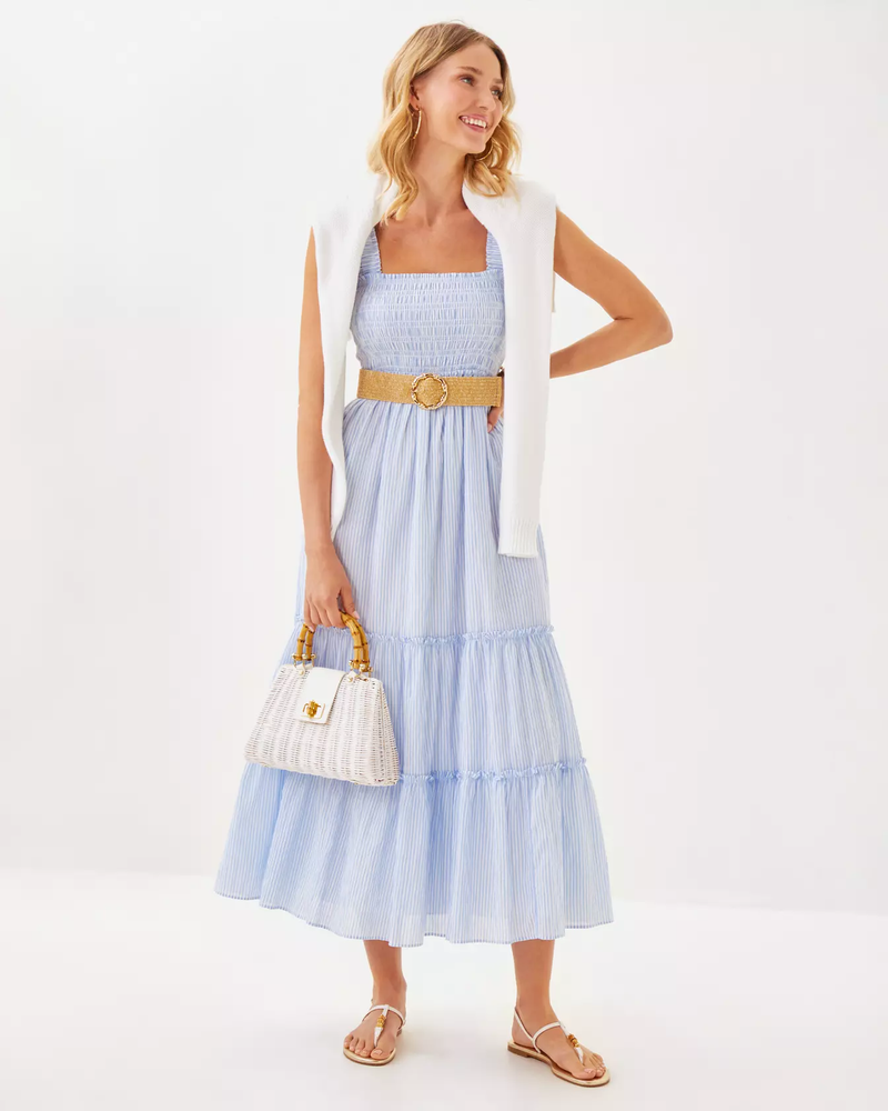 Hadly Smocked Maxi Dress- Jacaranda Blue LTWT Oxford Stripe