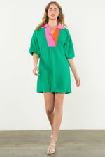 Puff Sleeve V-Neck Dress - Green Neck Colorblock