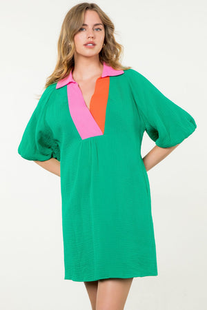 Puff Sleeve V-Neck Dress - Green Neck Colorblock