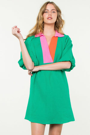 Puff Sleeve V-Neck Dress - Green Neck Colorblock