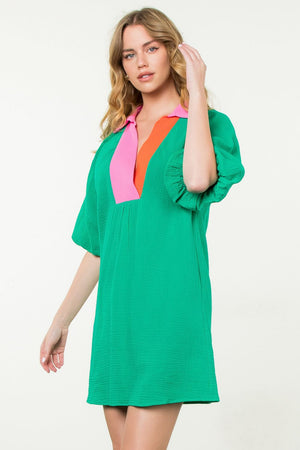 Puff Sleeve V-Neck Dress - Green Neck Colorblock