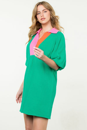 Puff Sleeve V-Neck Dress - Green Neck Colorblock