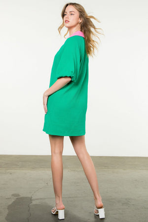 Puff Sleeve V-Neck Dress - Green Neck Colorblock