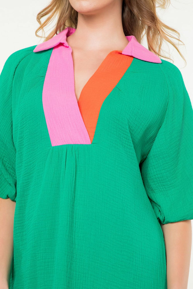 Puff Sleeve V-Neck Dress - Green Neck Colorblock