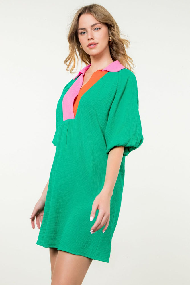 Puff Sleeve V-Neck Dress - Green Neck Colorblock