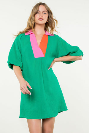 Puff Sleeve V-Neck Dress - Green Neck Colorblock