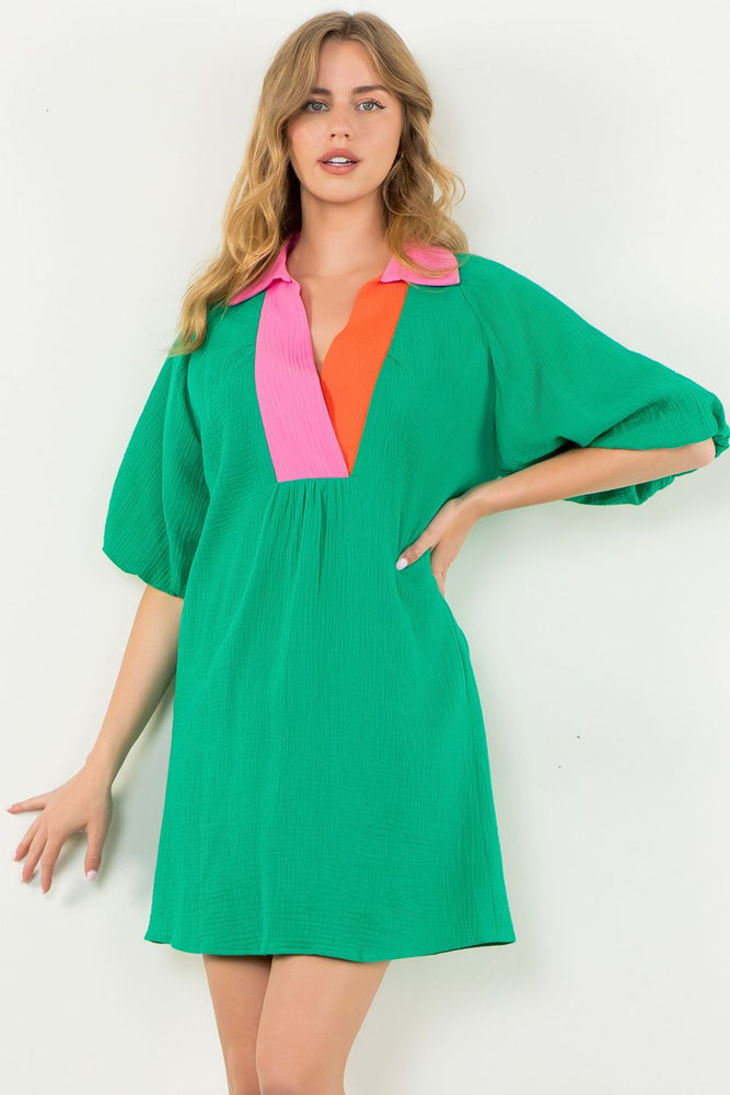 Puff Sleeve V-Neck Dress - Green Neck Colorblock