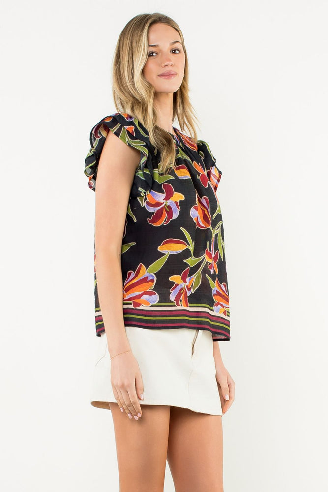 Flutter Sleeve Floral Top - Black
