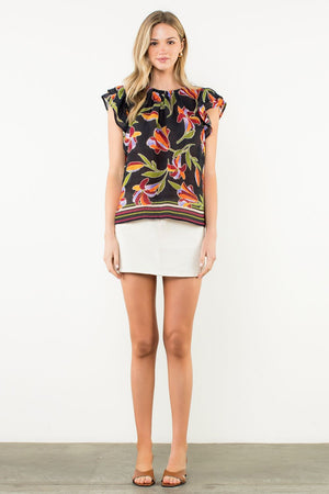 Flutter Sleeve Floral Top - Black