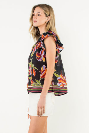 Flutter Sleeve Floral Top - Black