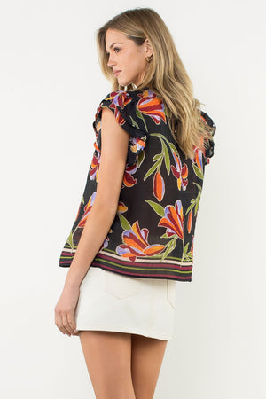 Flutter Sleeve Floral Top - Black