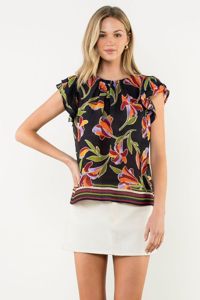 Flutter Sleeve Floral Top - Black