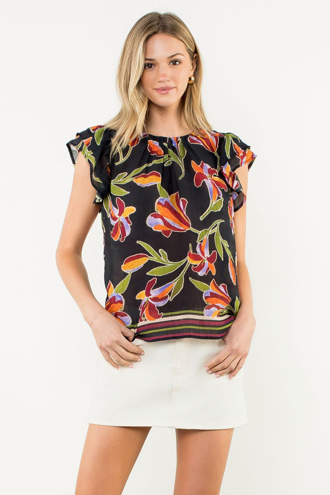 Flutter Sleeve Floral Top - Black