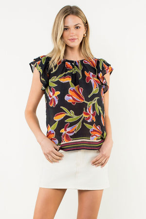 Flutter Sleeve Floral Top - Black