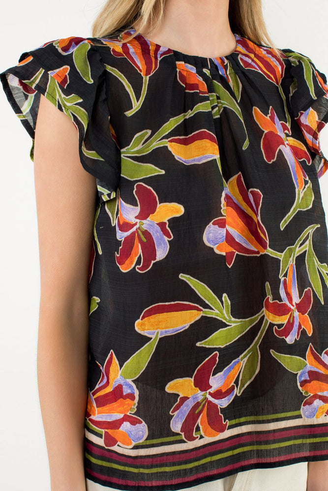 Flutter Sleeve Floral Top - Black