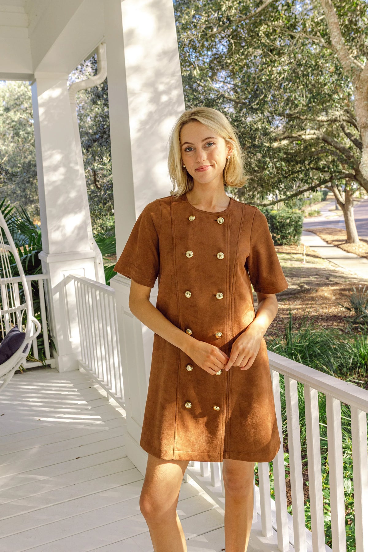 Suede Short Sleeve Button Front Dress - Camel