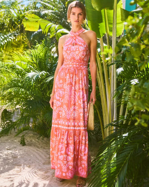 Montecito Halter Maxi Dress - Papaya Breezy Palm Engineered Maxi Dress